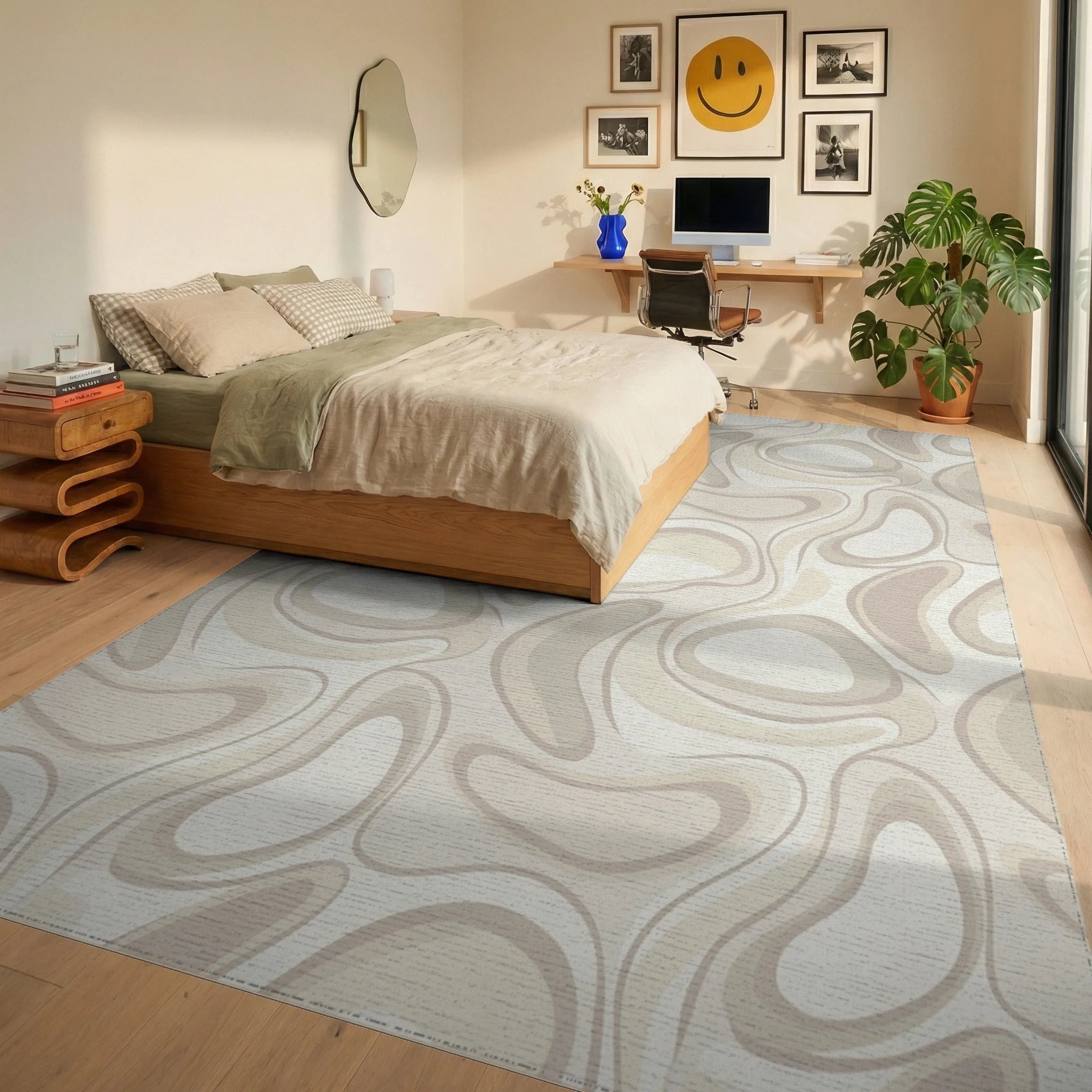 Retro Beige Organic Swirls Rug Bedroom View