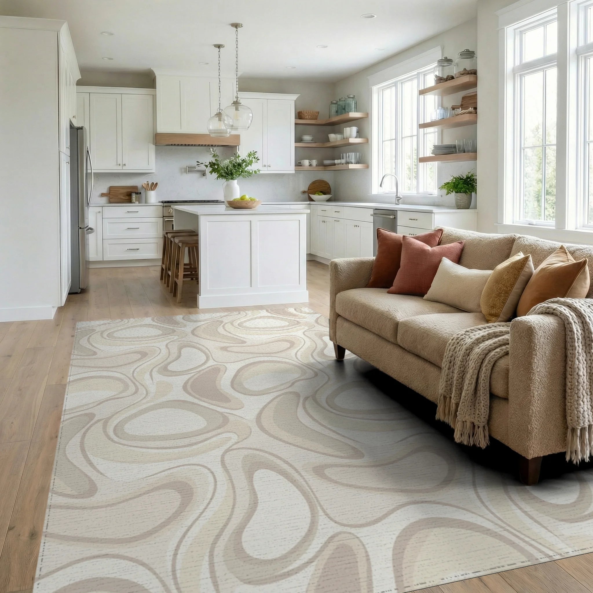 Retro Beige Organic Swirls Rug Living Room View