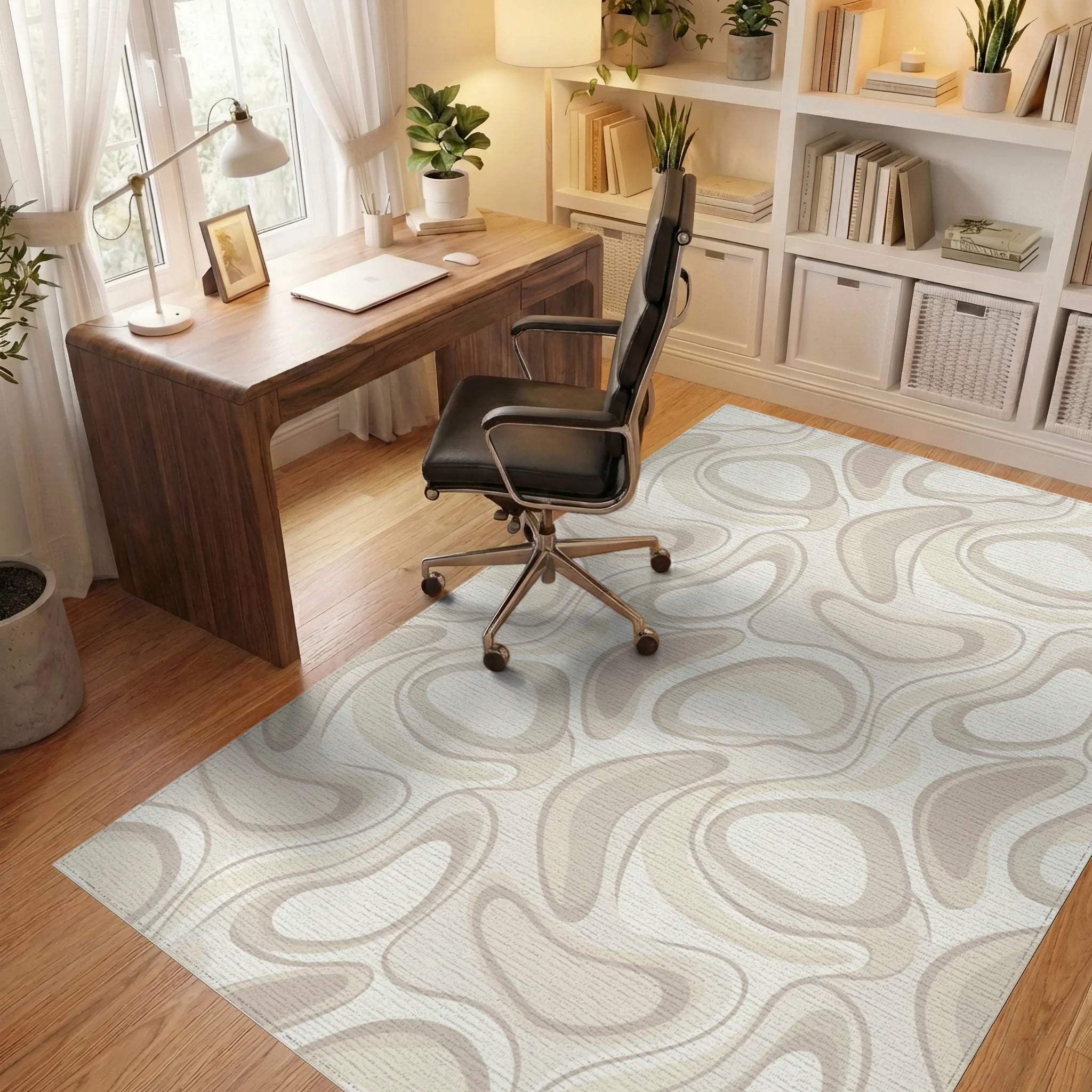 Retro Beige Organic Swirls Rug Office View