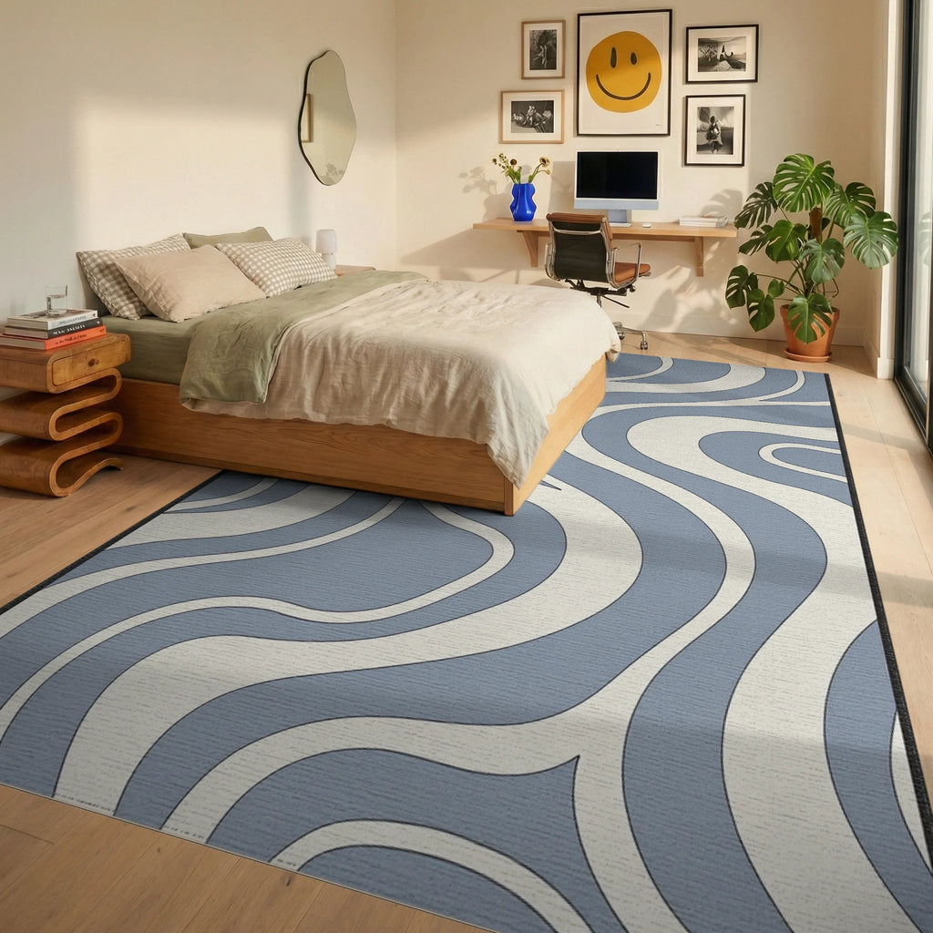 Retro Blue Cream Swirl Abstract Rug Bedroom View