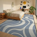 Retro Blue Cream Swirl Abstract Rug Bedroom View