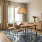Retro Blue Cream Swirl Abstract Rug Dining Room View