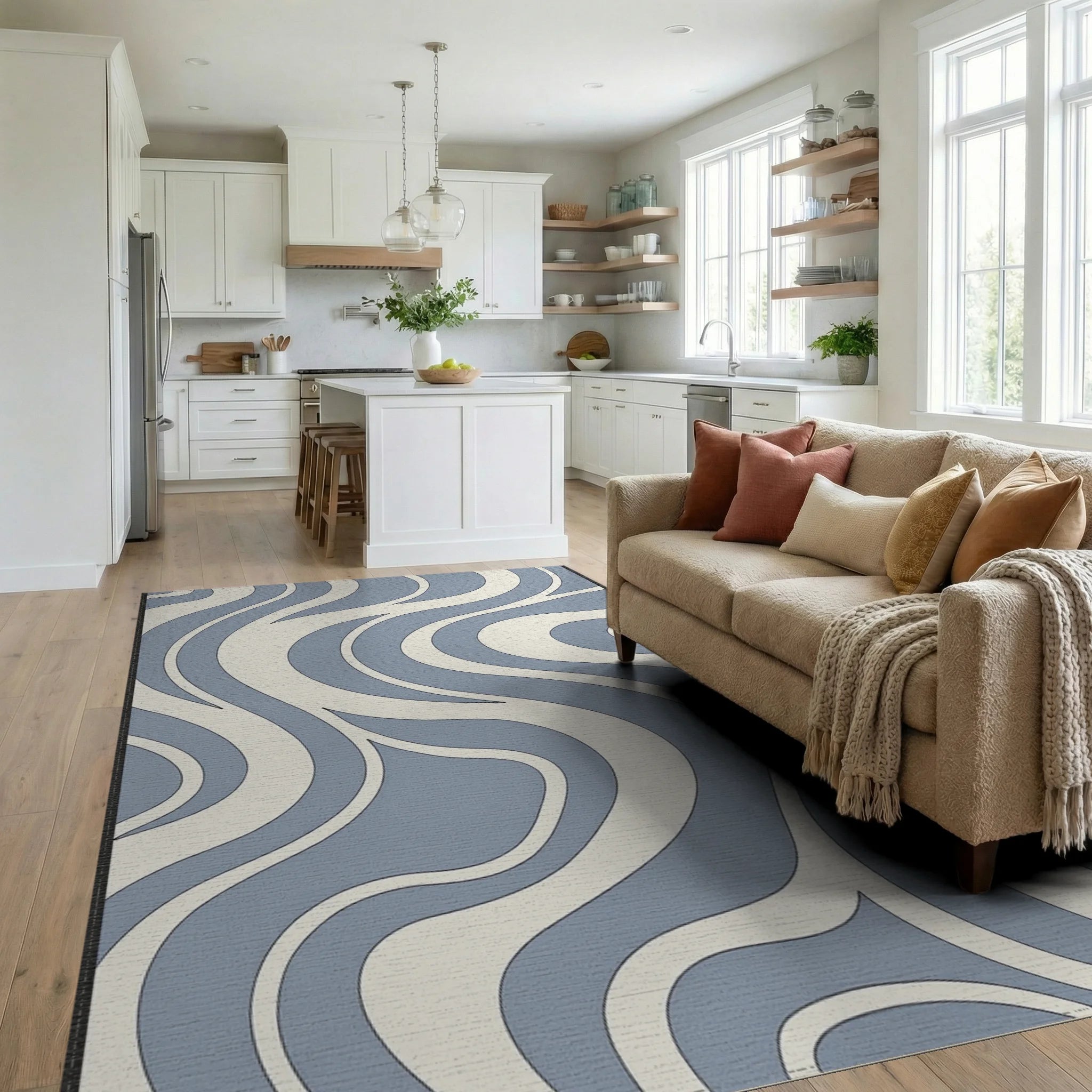 Retro Blue Cream Swirl Abstract Rug Living Room View