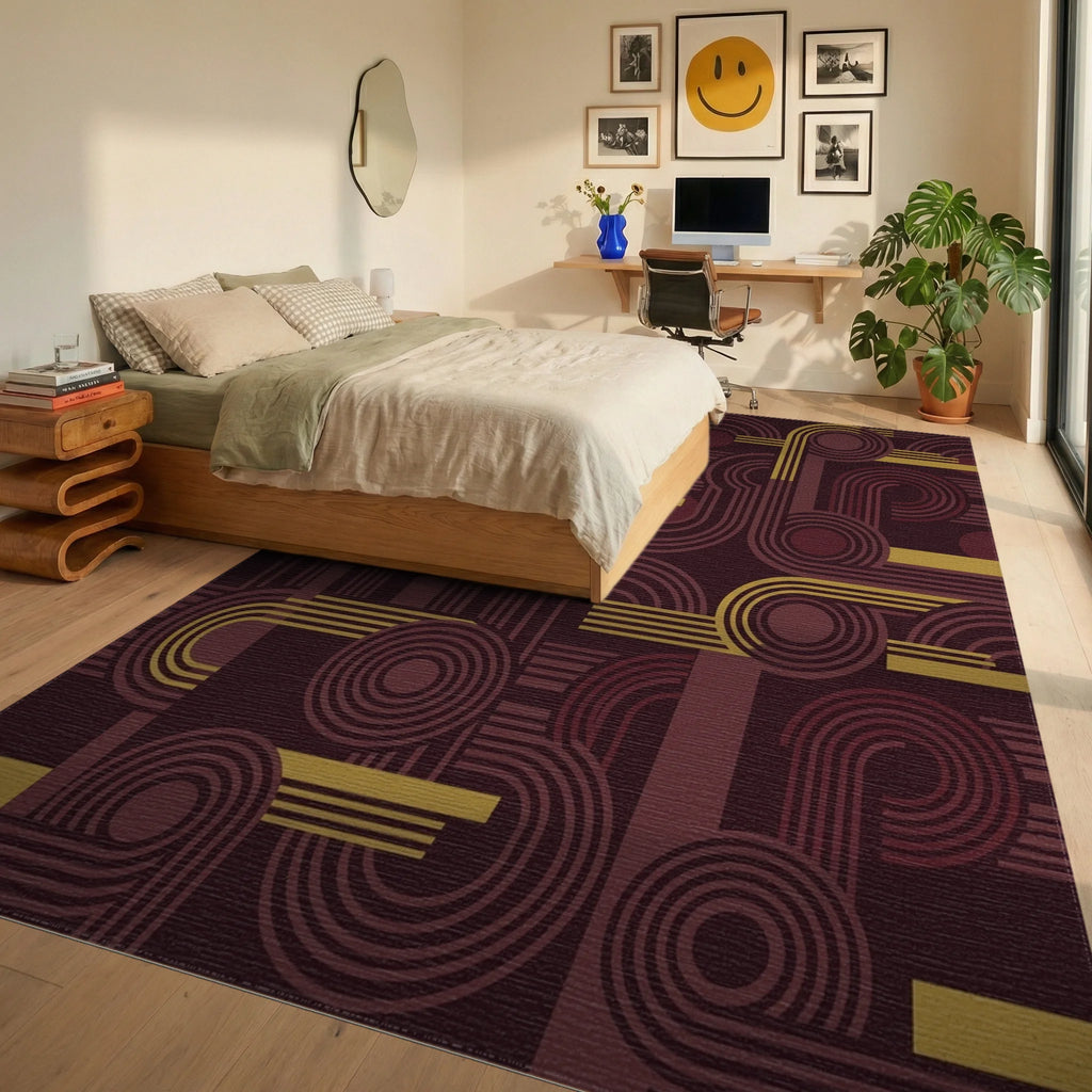 Retro Burgundy Golden Geometric Abstraction Rug Bedroom View