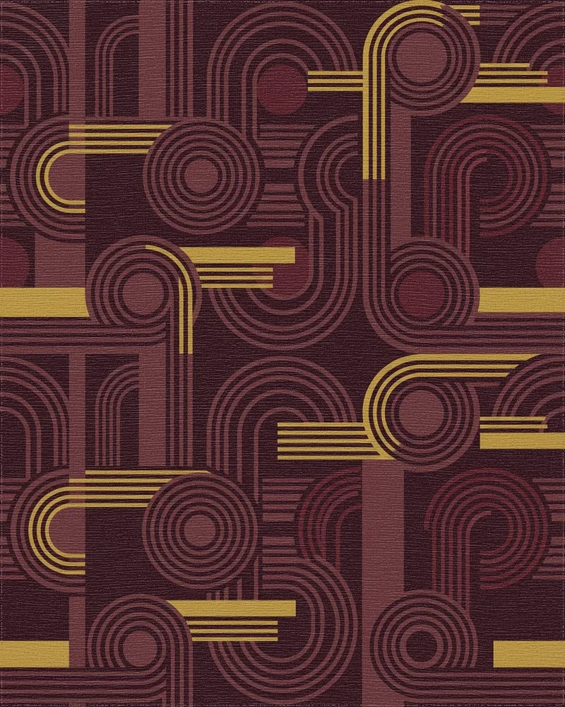 Retro Burgundy Golden Geometric Abstraction Rug - Cutout View