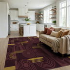 Retro Burgundy Golden Geometric Abstraction Rug Living Room View