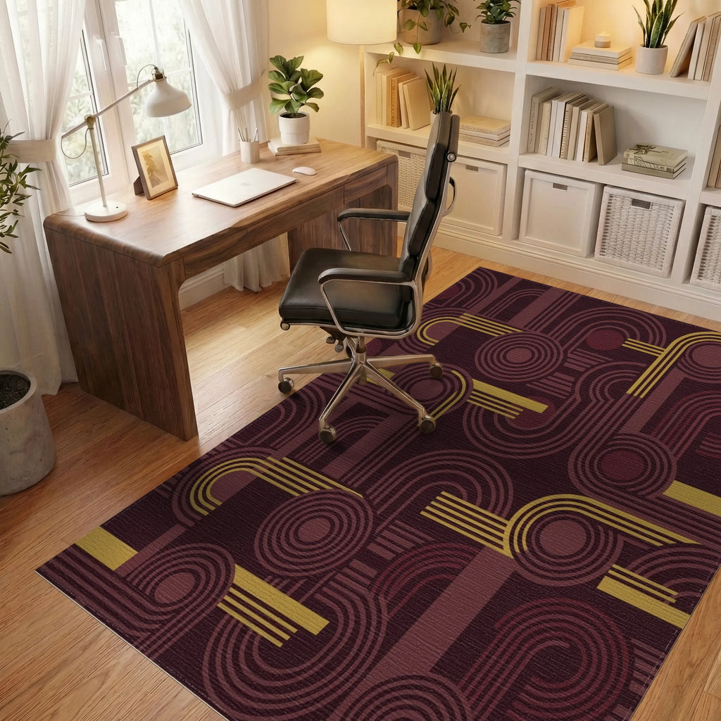 Retro Burgundy Golden Geometric Abstraction Rug Office View
