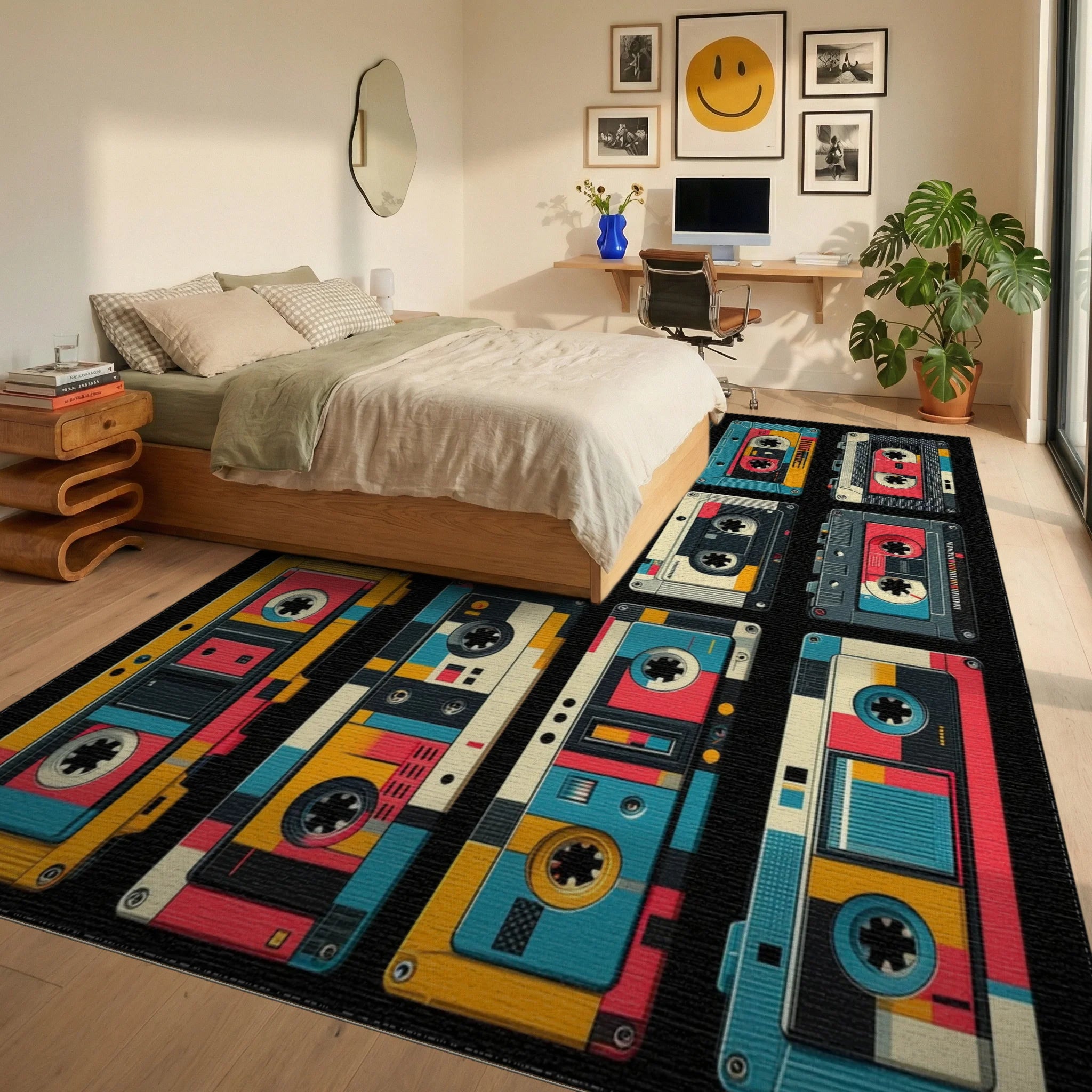 Retro Cassette Tape Geometric Pattern Rug Bedroom View