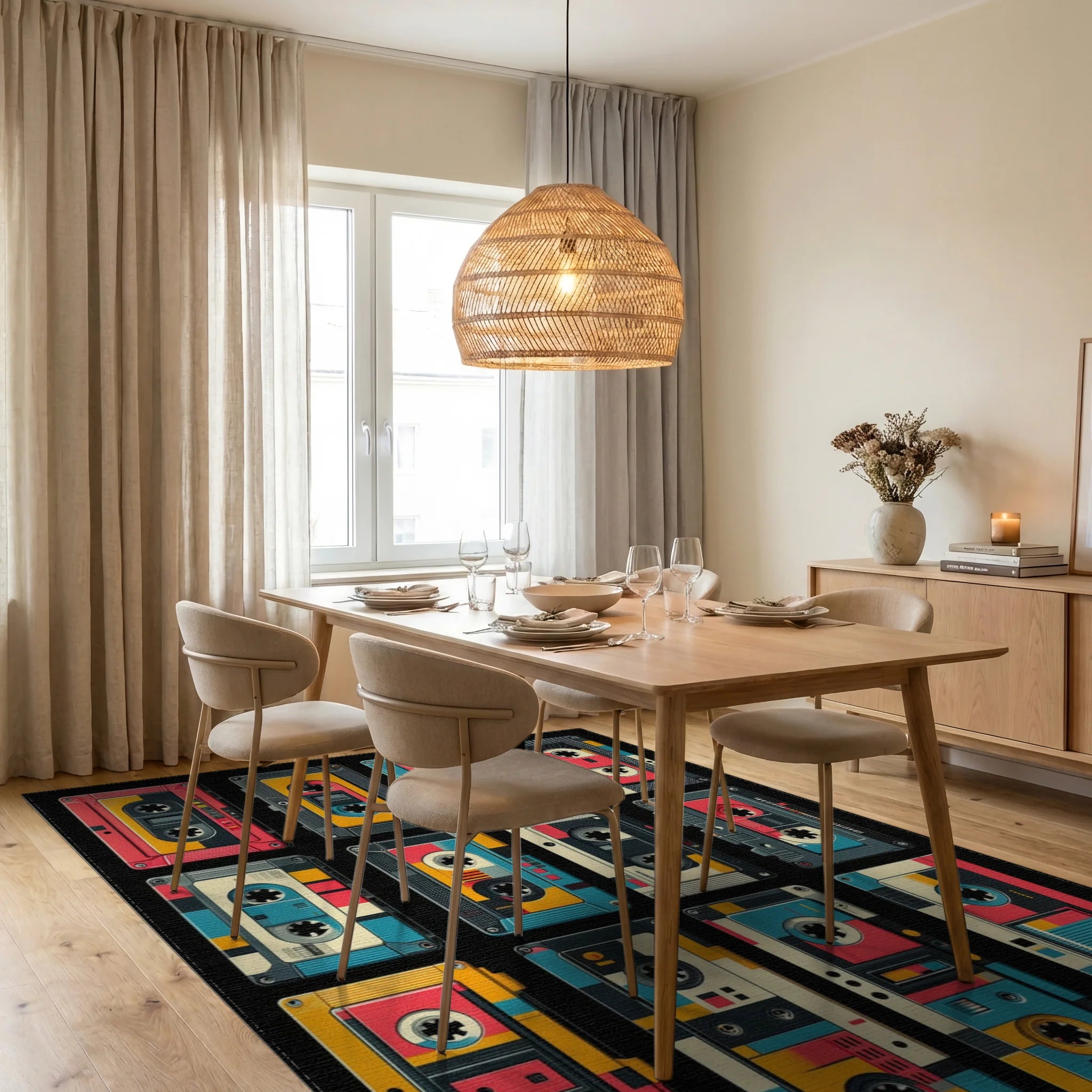 Retro Cassette Tape Geometric Pattern Rug Dining Room View