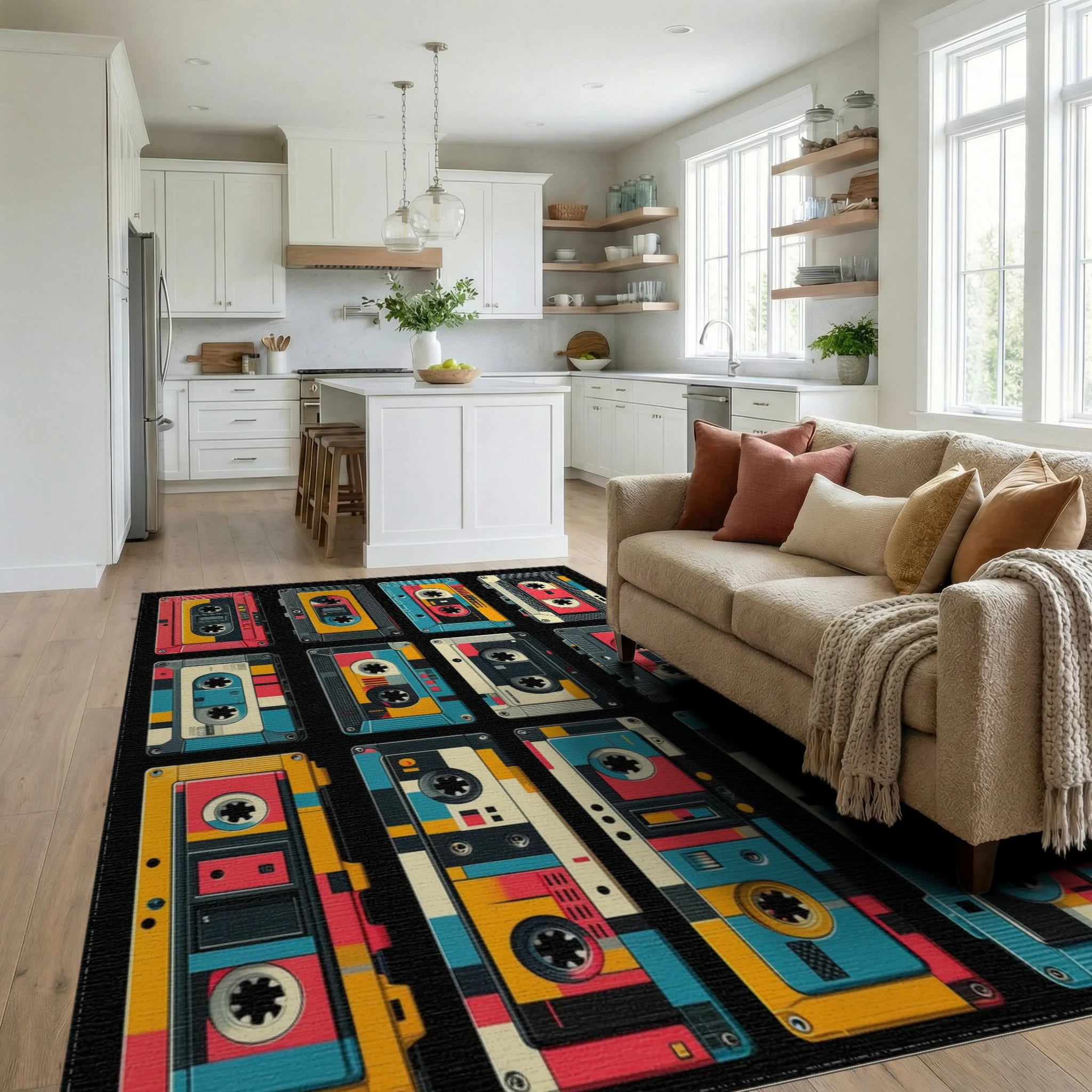 Retro Cassette Tape Geometric Pattern Rug Living Room View