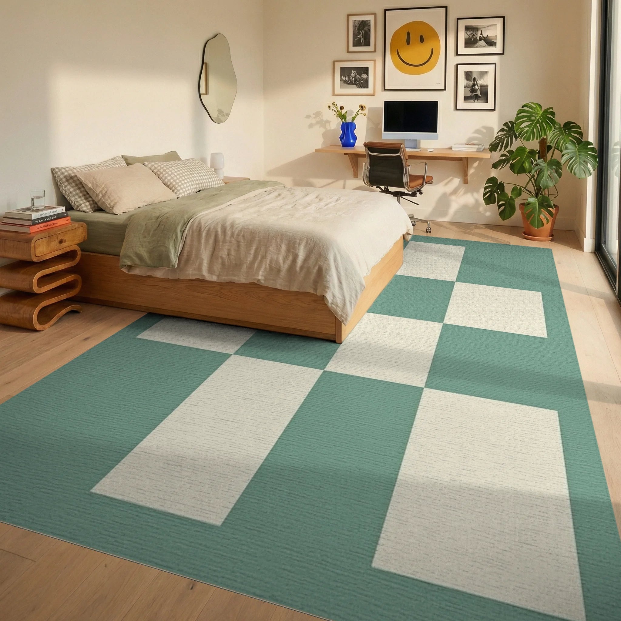 Retro Checkerboard Pattern Rug Bedroom View