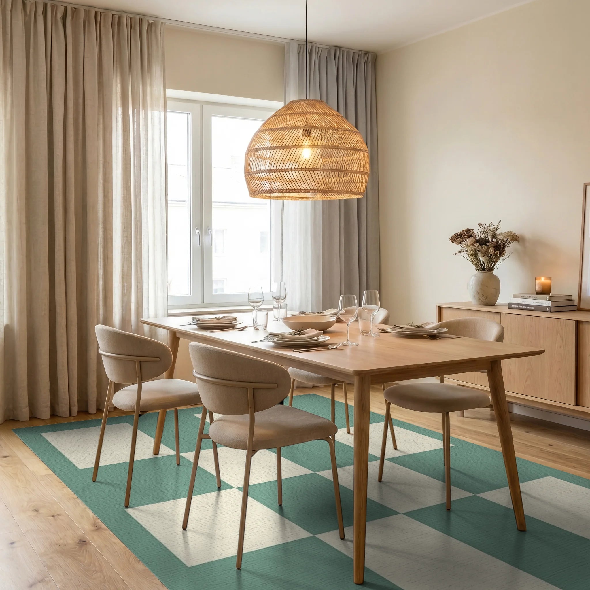 Retro Checkerboard Pattern Rug Dining Room View