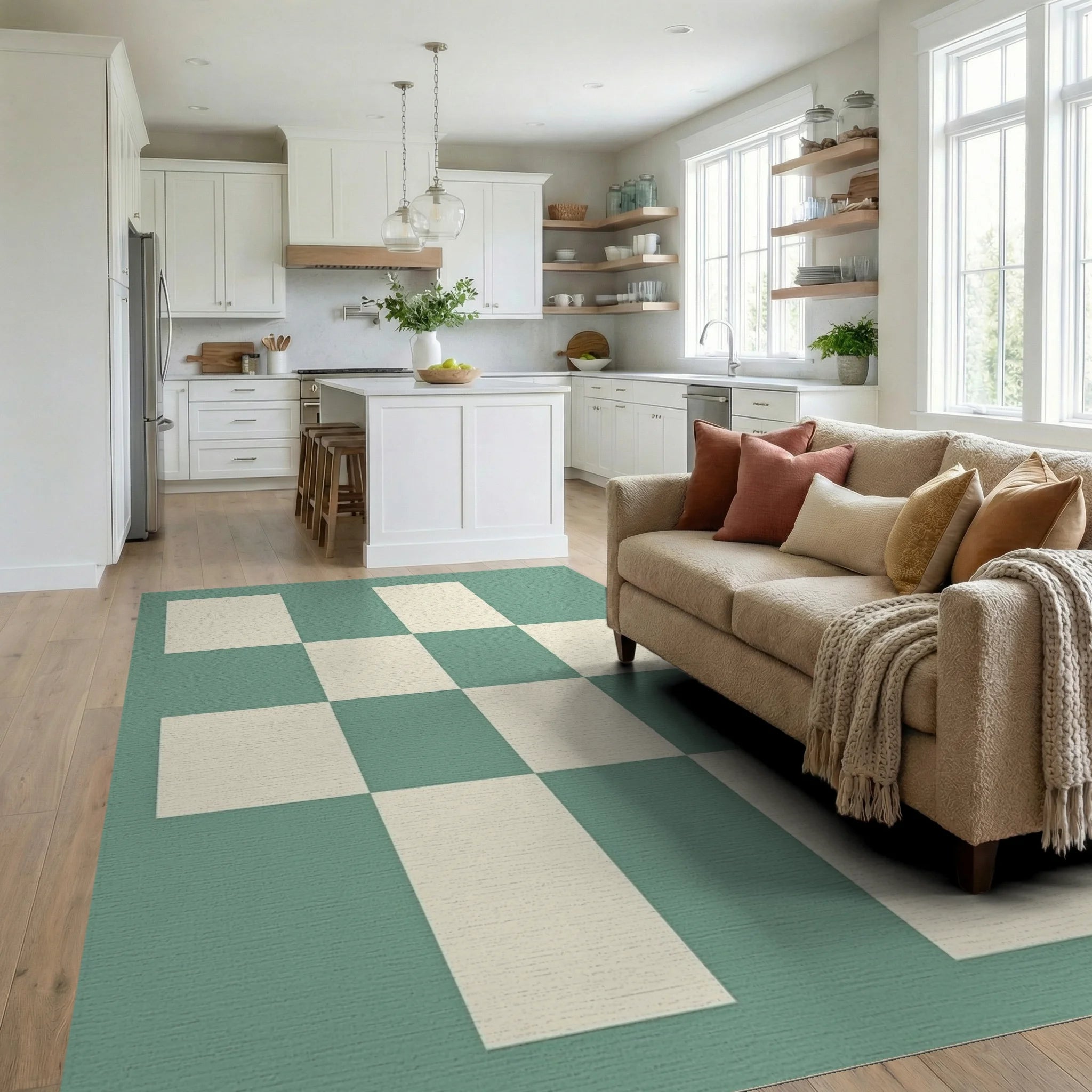Retro Checkerboard Pattern Rug Living Room View