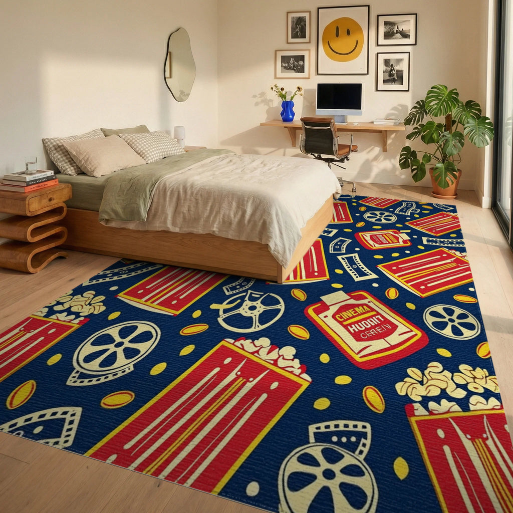Retro Cinema Popcorn Pattern Rug Bedroom View