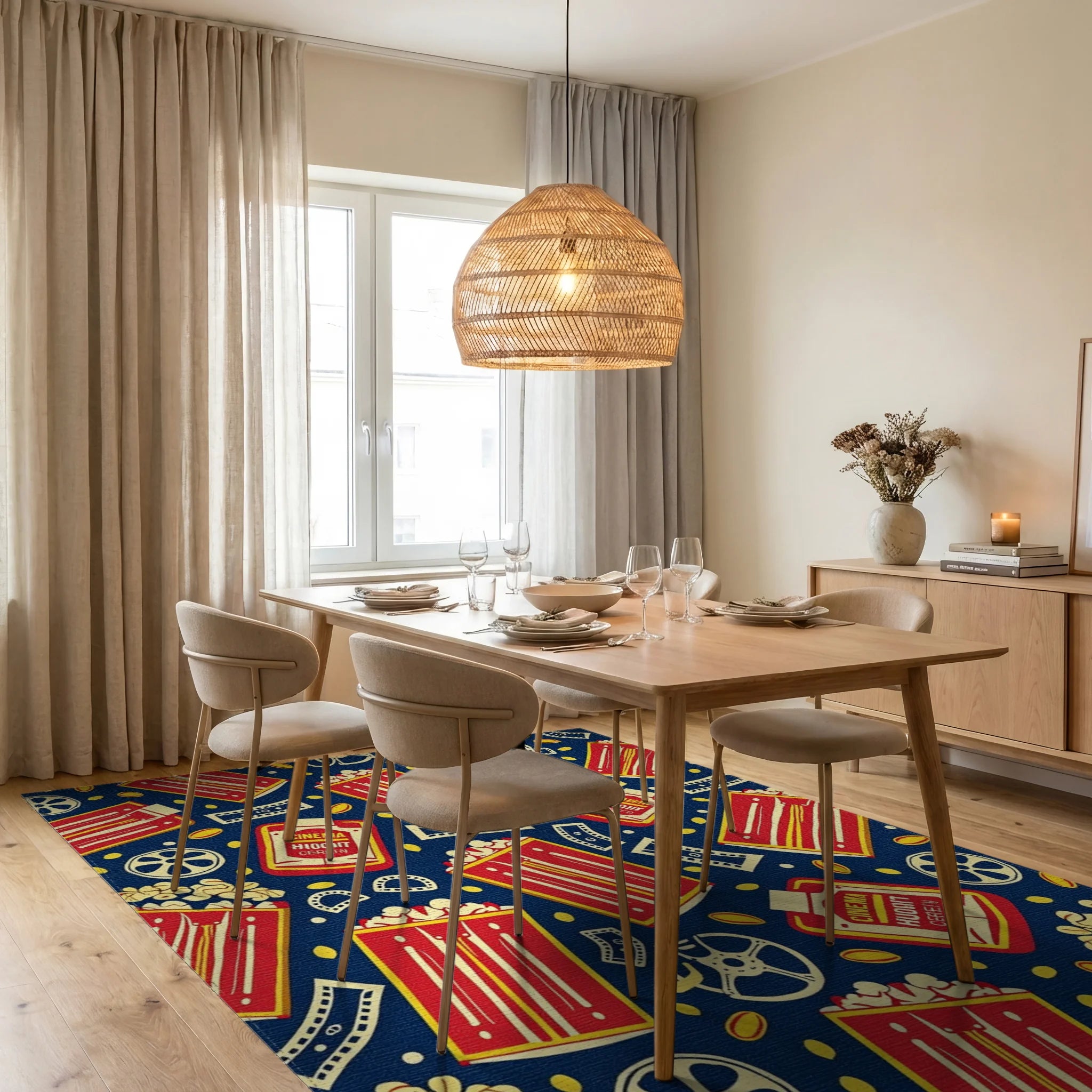 Retro Cinema Popcorn Pattern Rug Dining Room View