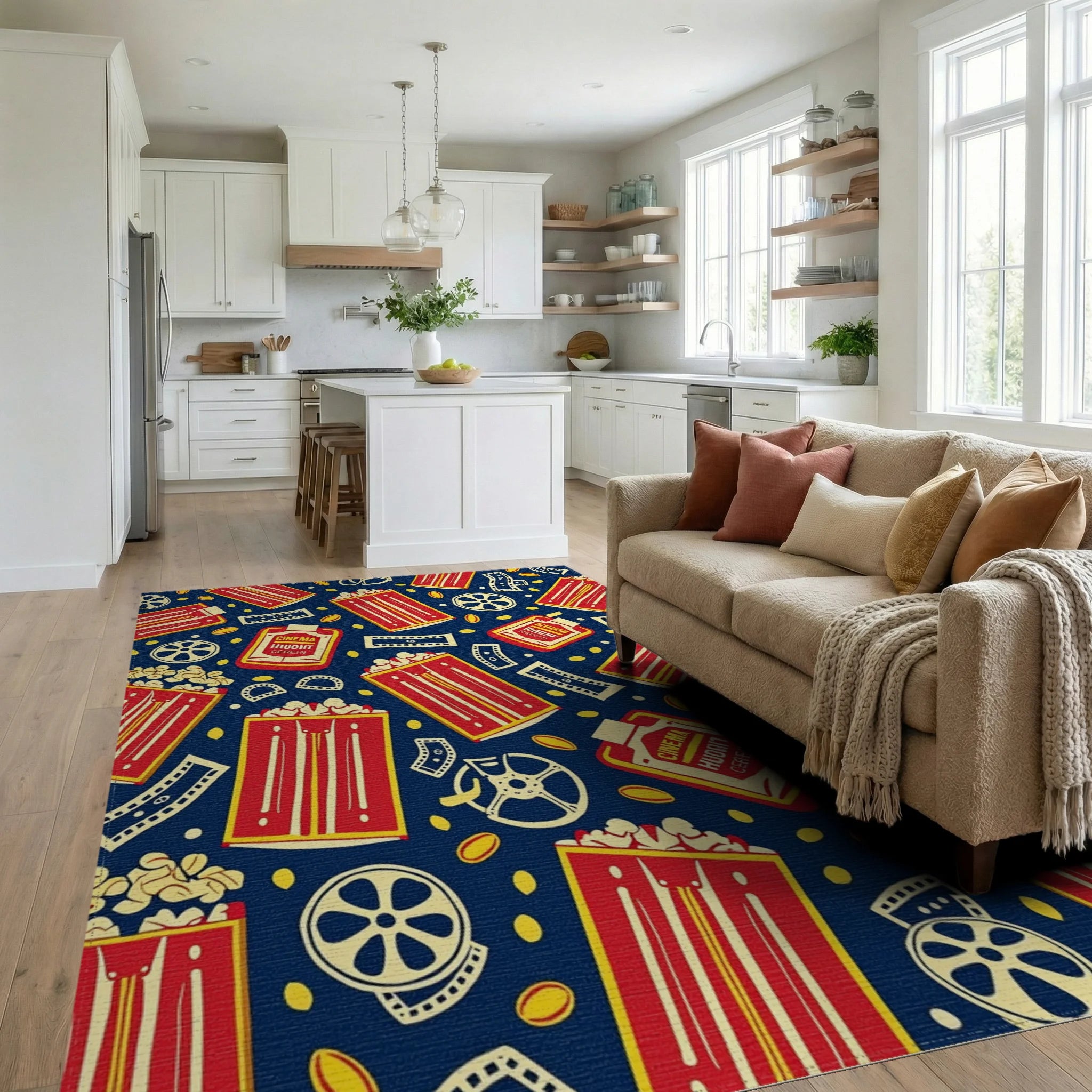 Retro Cinema Popcorn Pattern Rug Living Room View