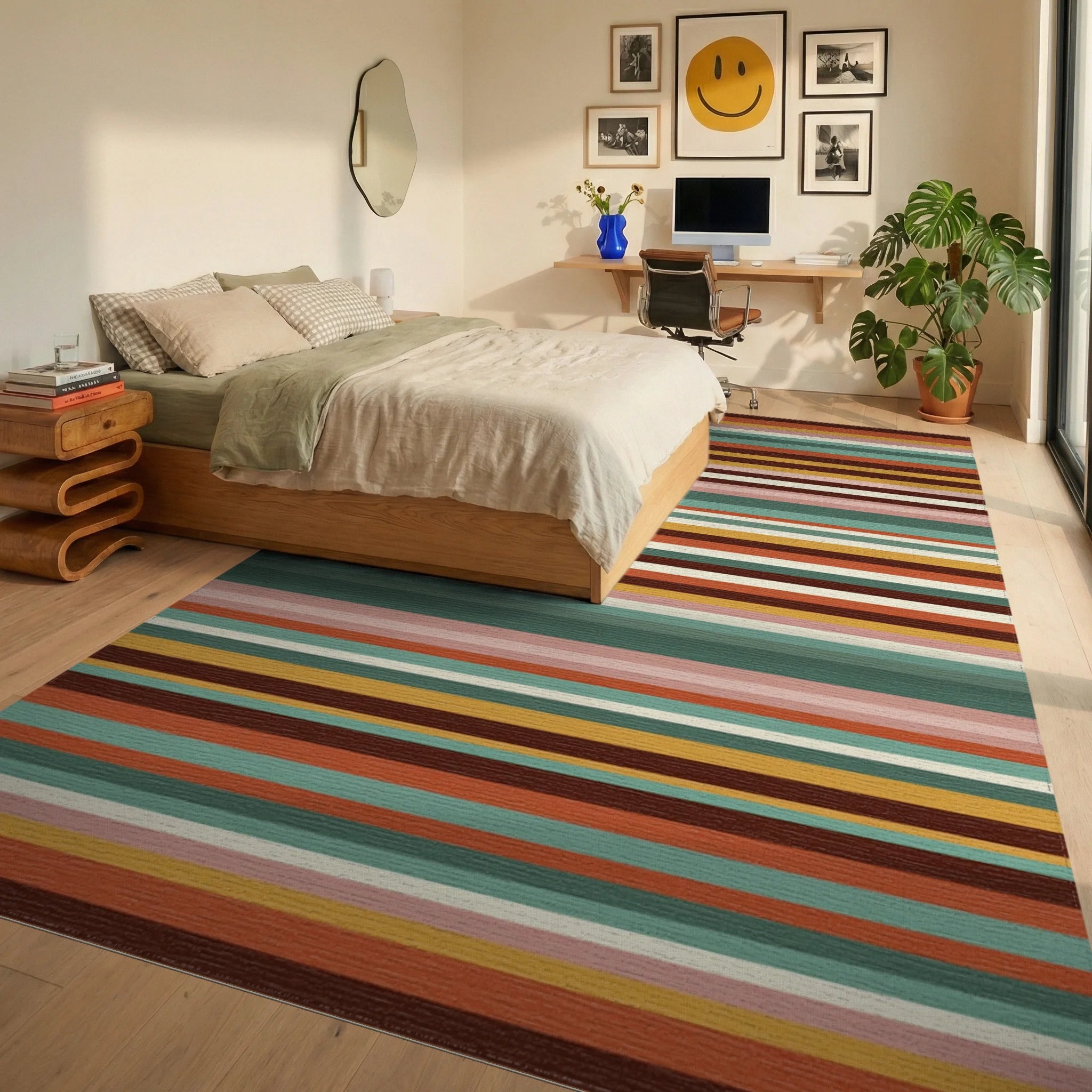 Retro Earth Tone Multi Stripe Rug Bedroom View