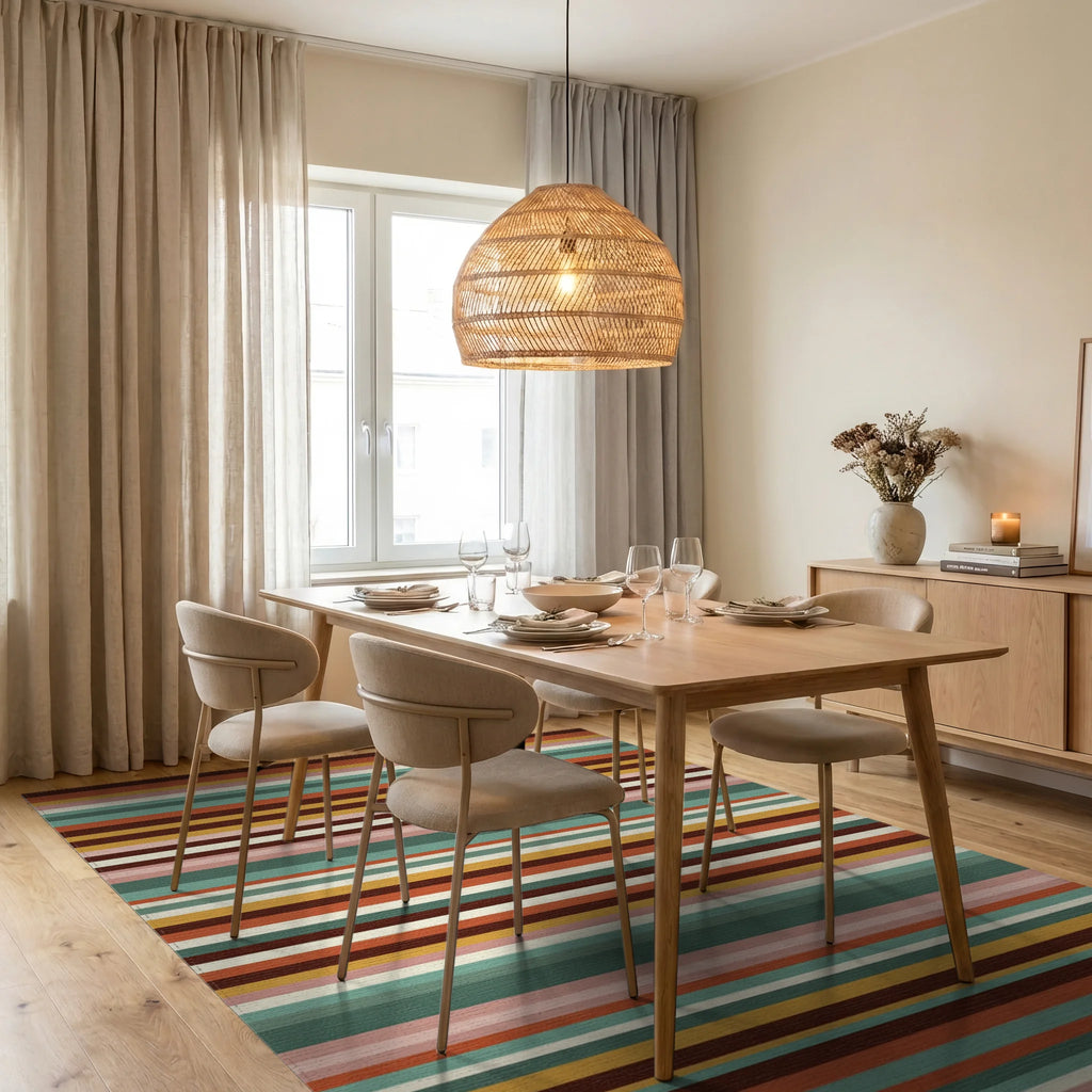 Retro Earth Tone Multi Stripe Rug Dining Room View