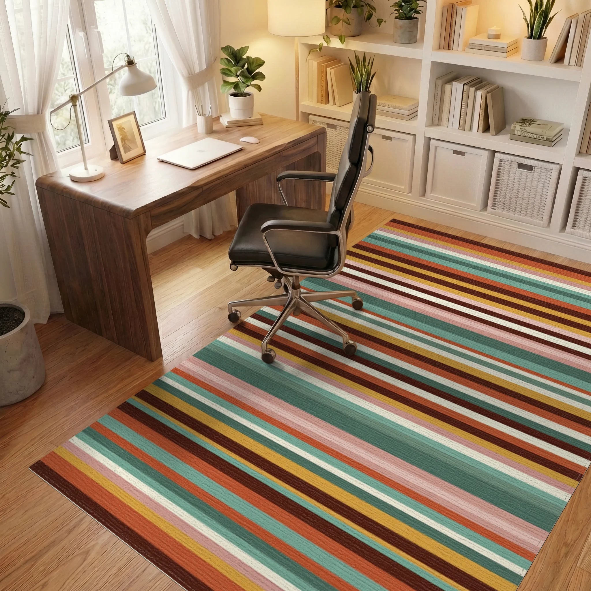 Retro Earth Tone Multi Stripe Rug Office View