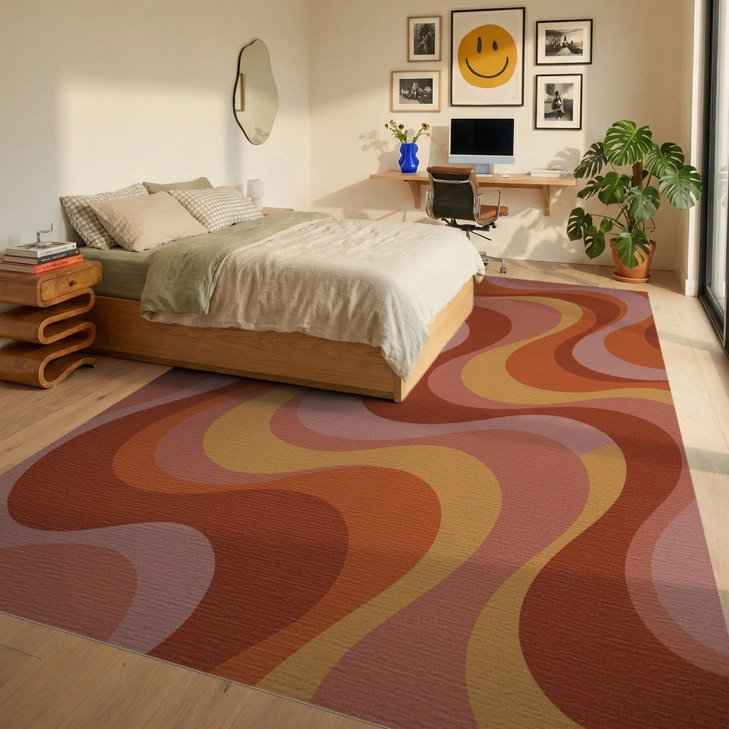 Retro Earth Tone Swirl Rug Bedroom View