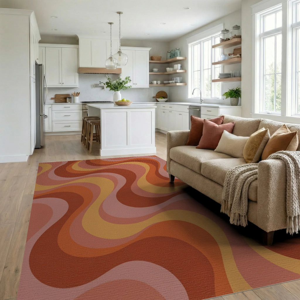 Retro Earth Tone Swirl Rug Living Room View
