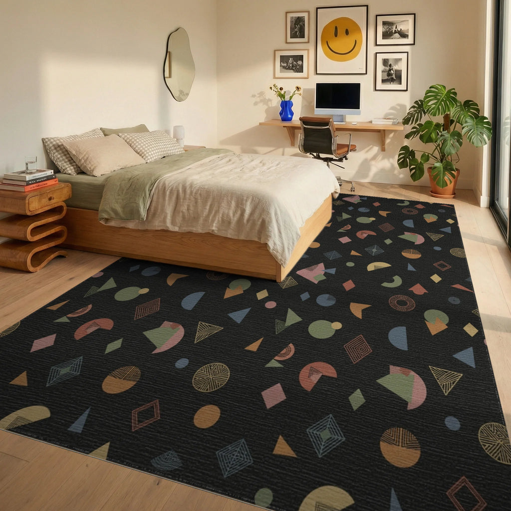 Retro Earthy Geometric Shapes Rug Bedroom View