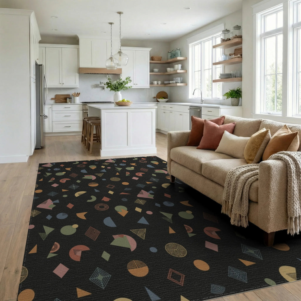 Retro Earthy Geometric Shapes Rug Living Room View