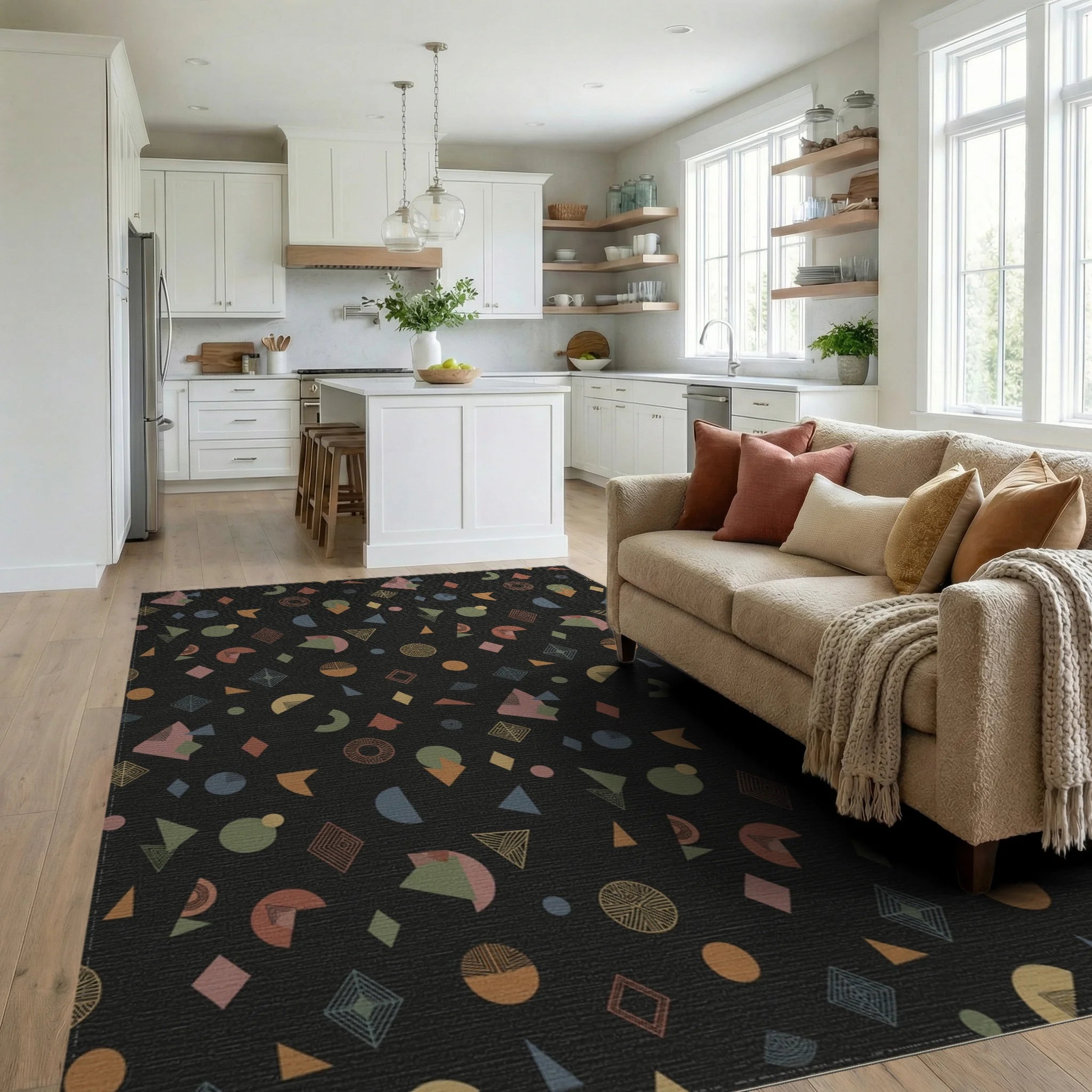 Retro Earthy Geometric Shapes Rug Living Room View