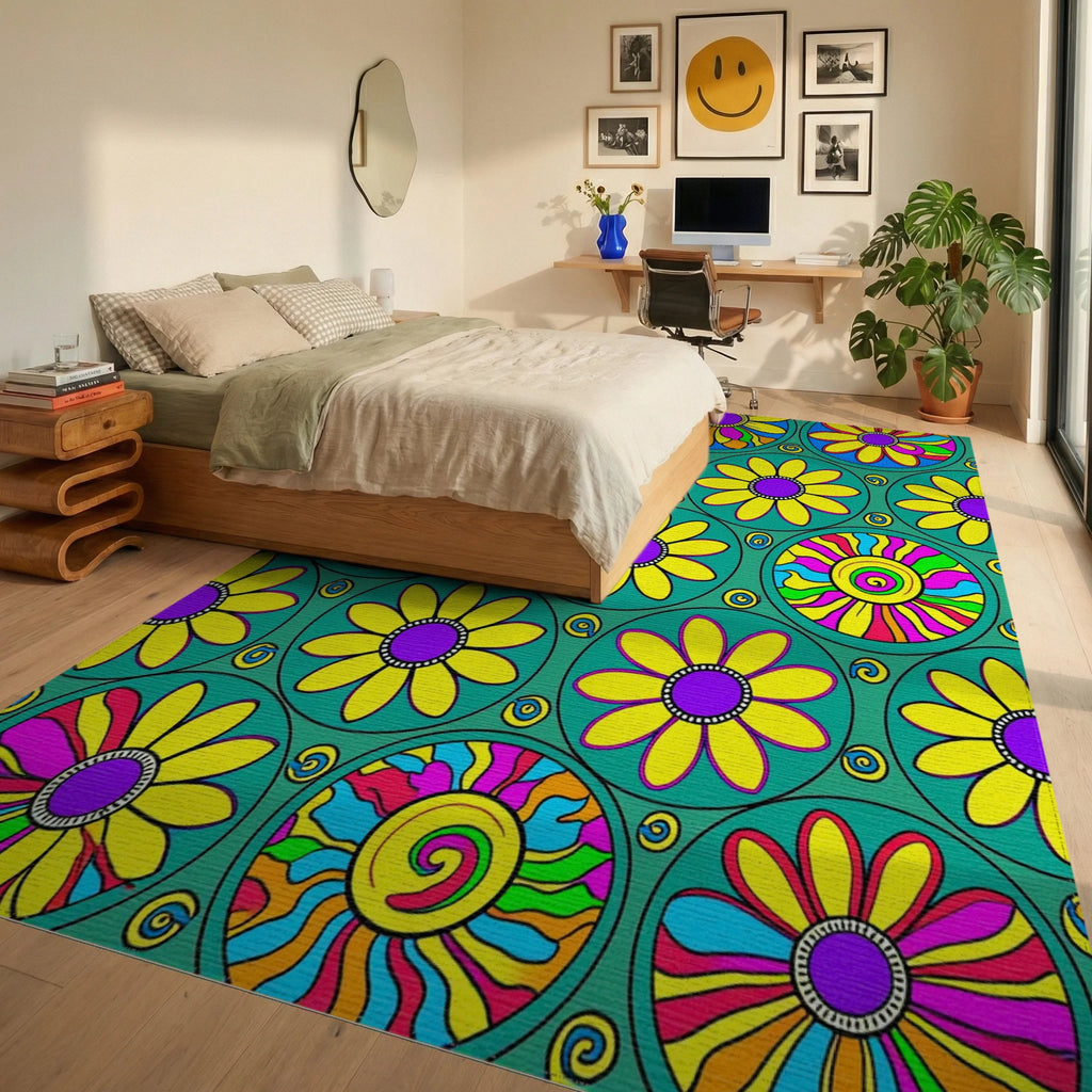 Retro Flower Power Circles Rug Bedroom View