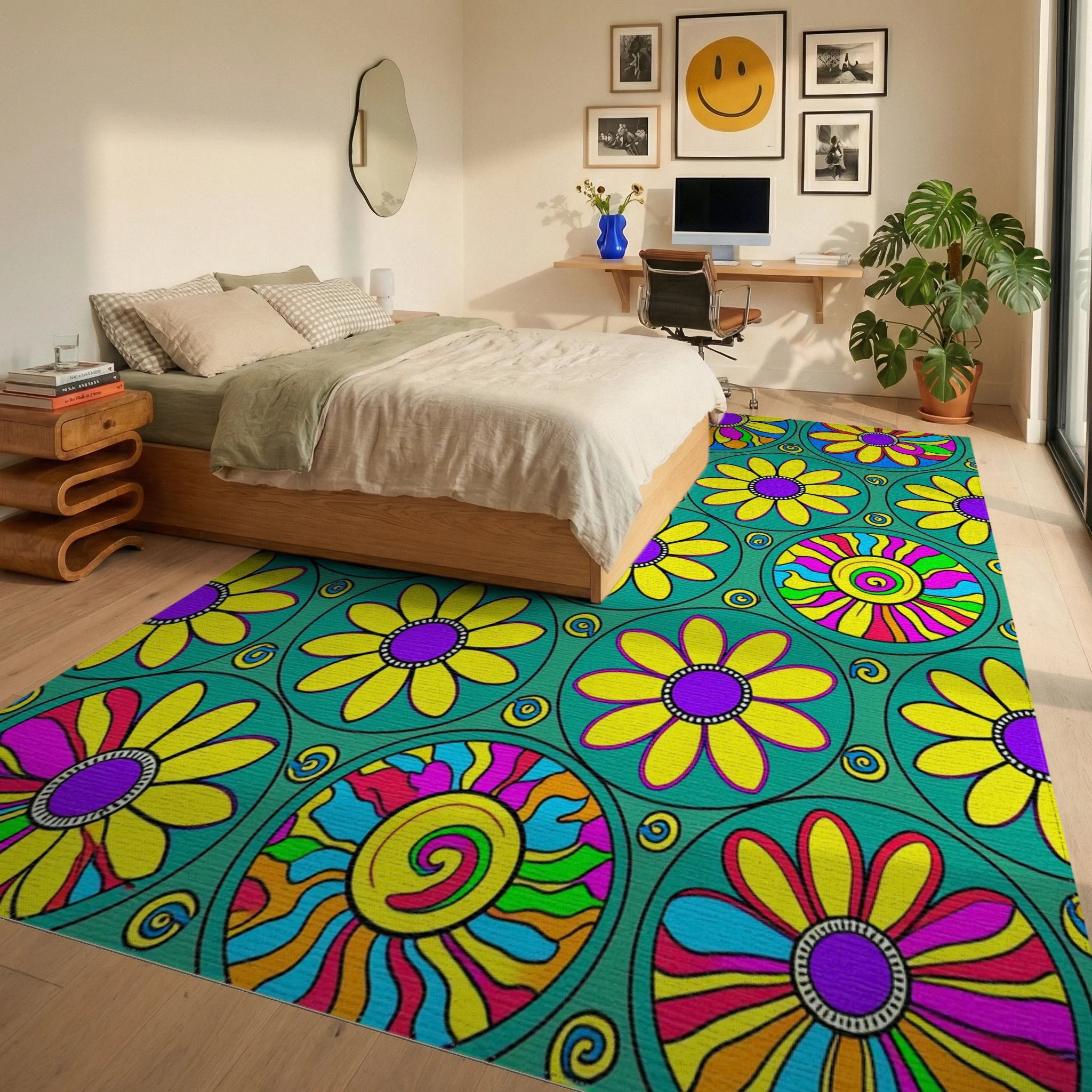 Retro Flower Power Circles Rug Bedroom View
