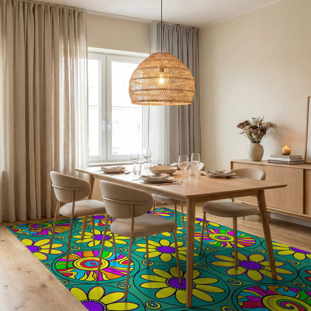 Retro Flower Power Circles Rug Dining Room View