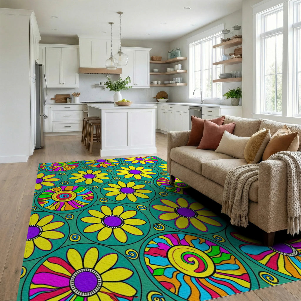 Retro Flower Power Circles Rug Living Room View