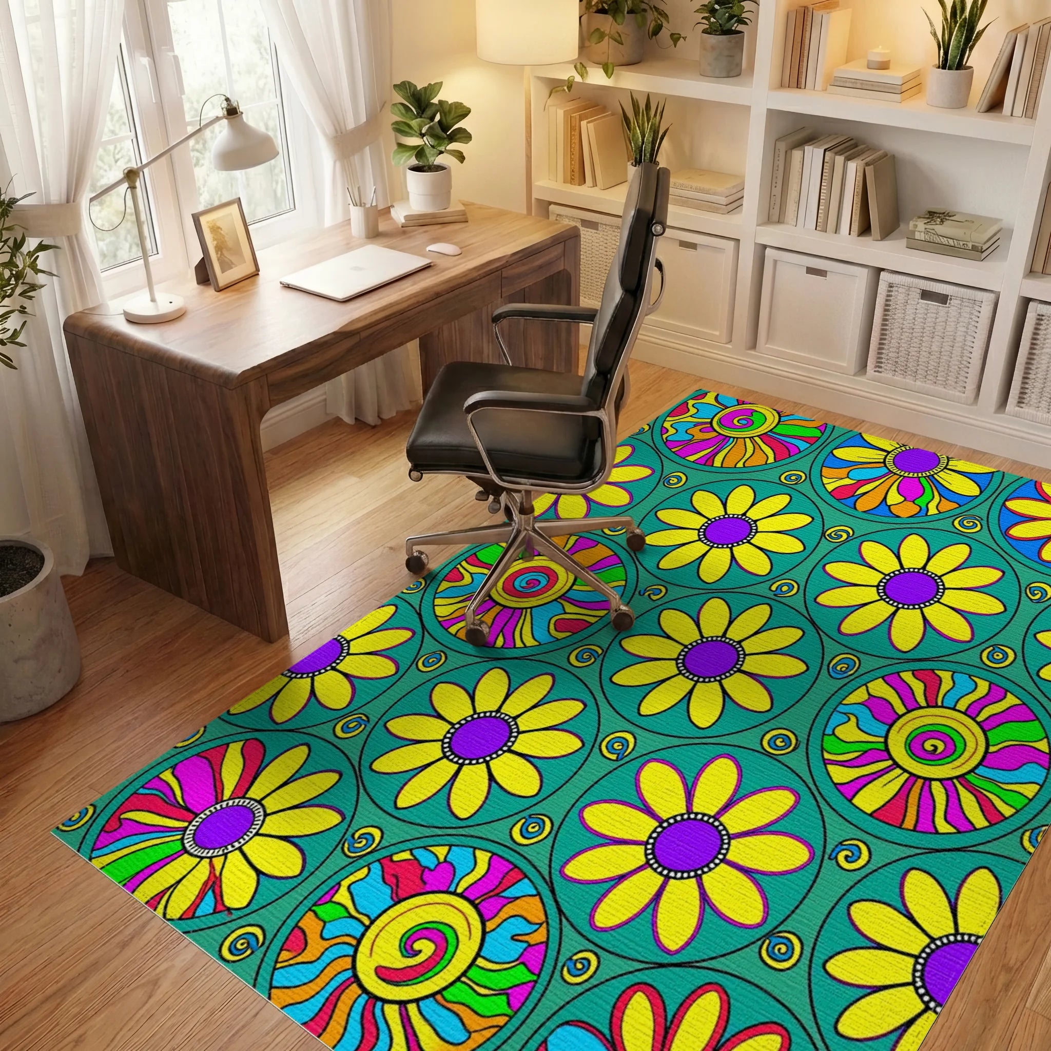 Retro Flower Power Circles Rug Office View