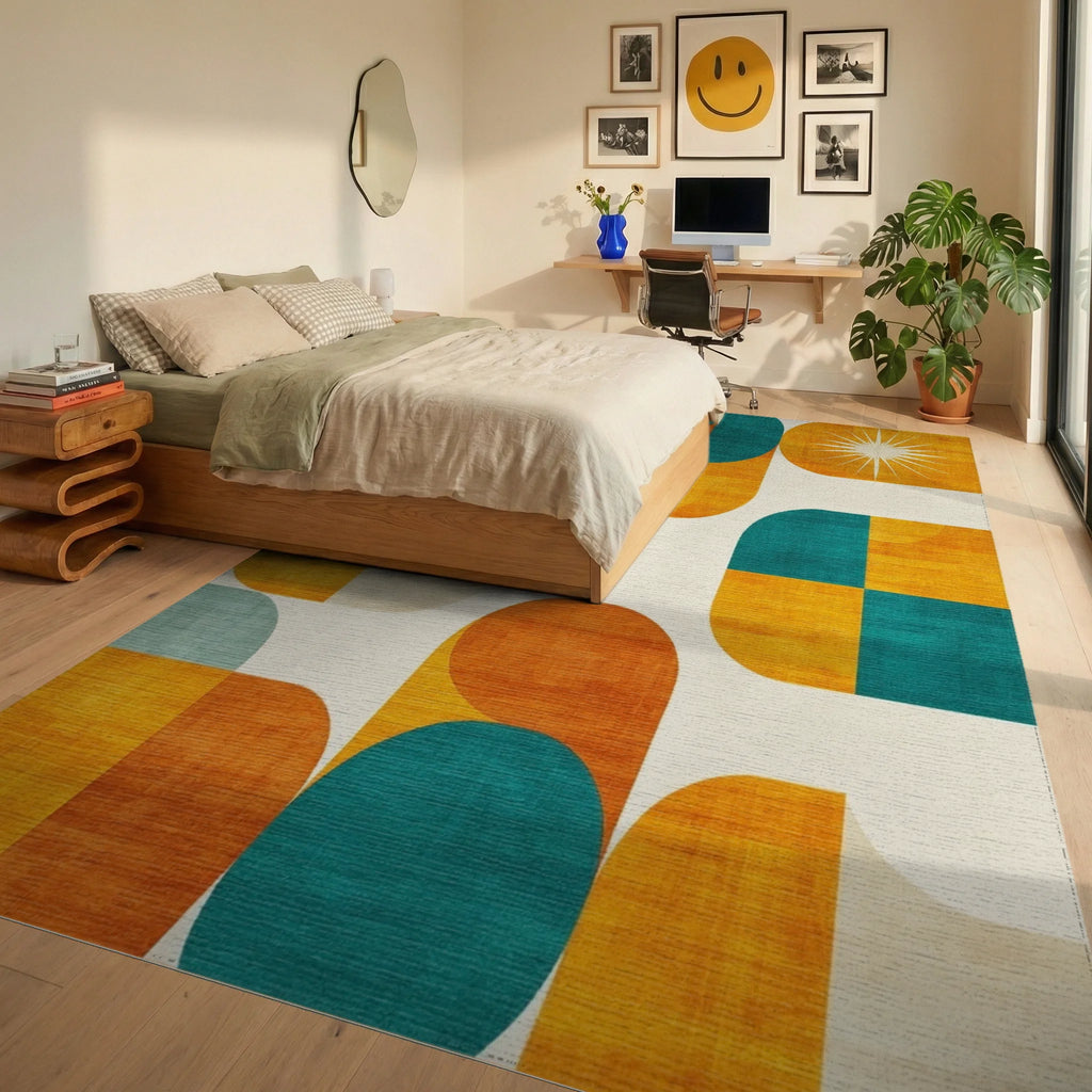 Retro Geometric Teal Orange Circles Rug - Bedroom View