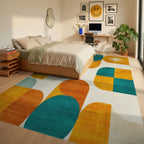 Retro Geometric Teal Orange Circles Rug - Bedroom View