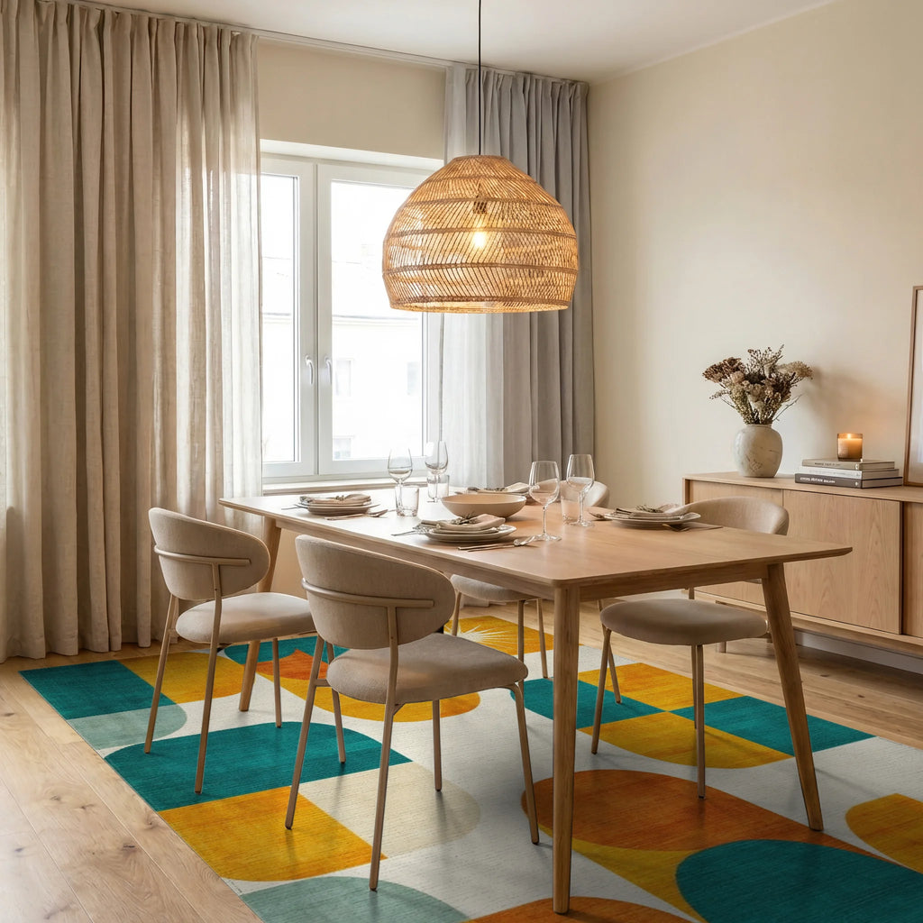 Retro Geometric Teal Orange Circles Rug - Dining Room View