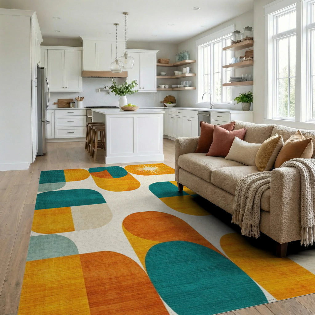 Retro Geometric Teal Orange Circles Rug - Living Room View