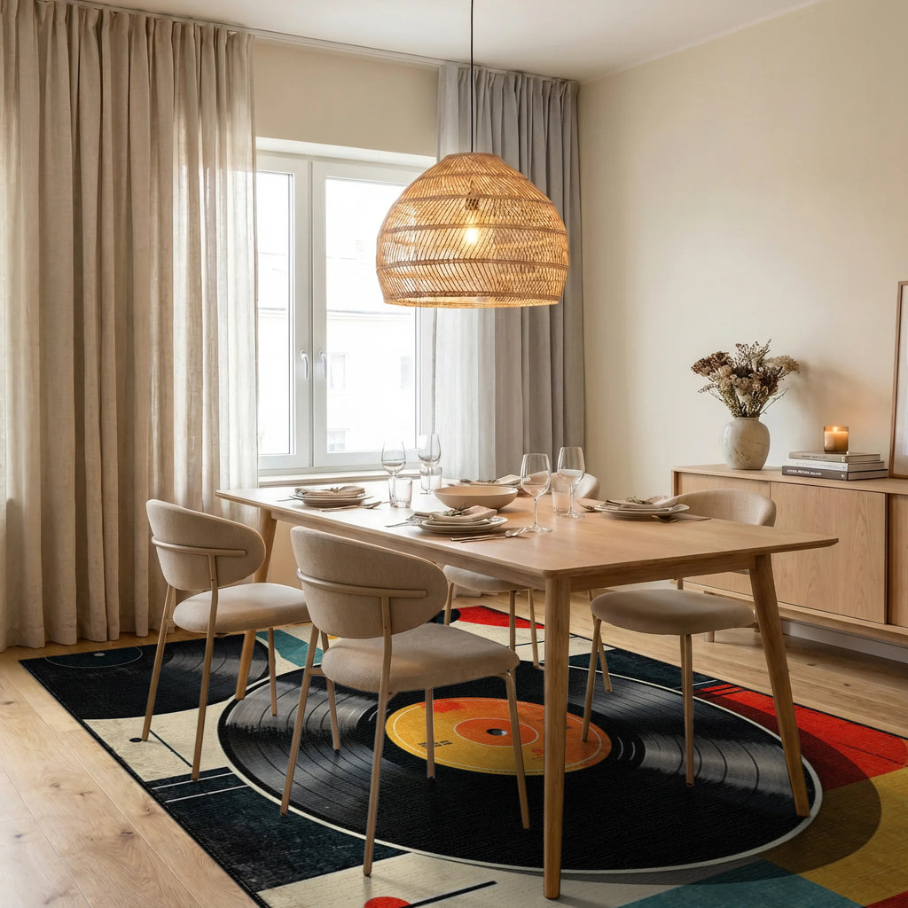 Retro Geometric Vinyl Records Rug - Dining Room View