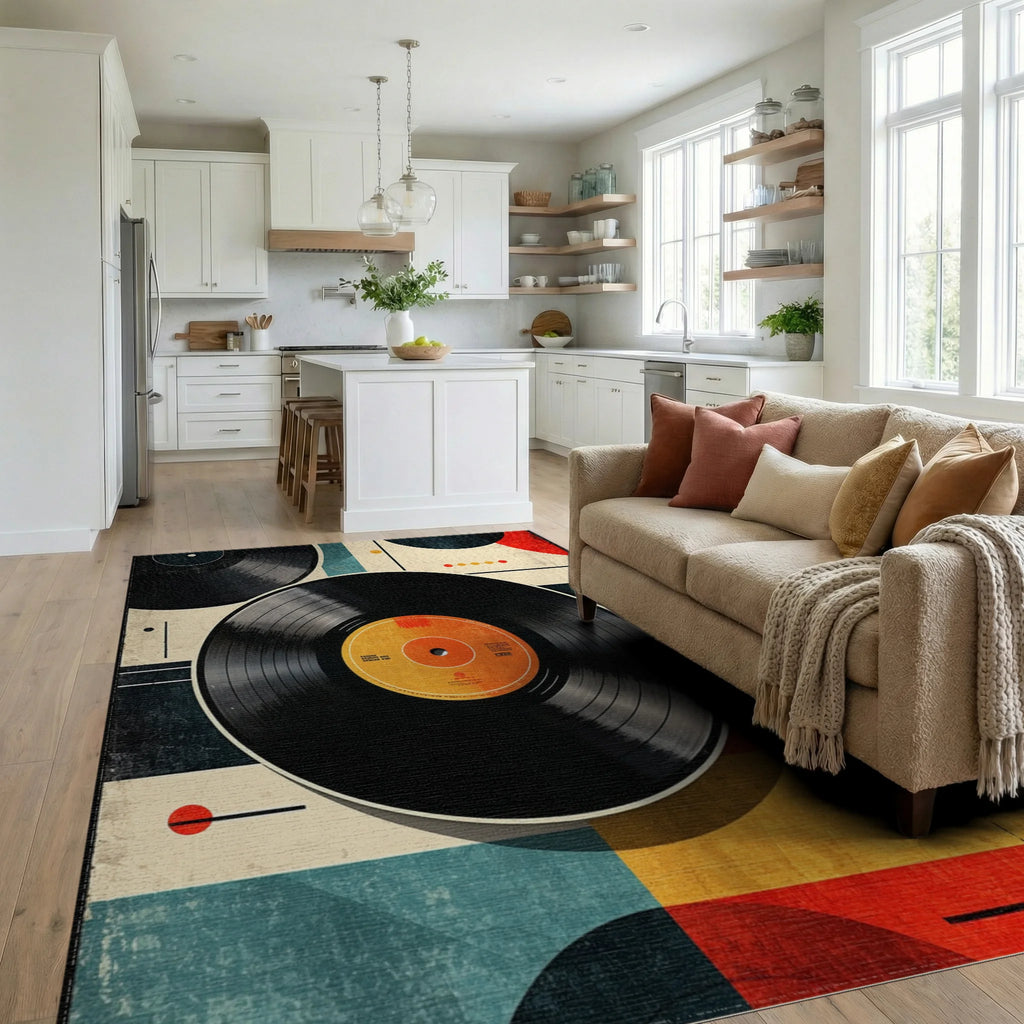 Retro Geometric Vinyl Records Rug - Living Room View