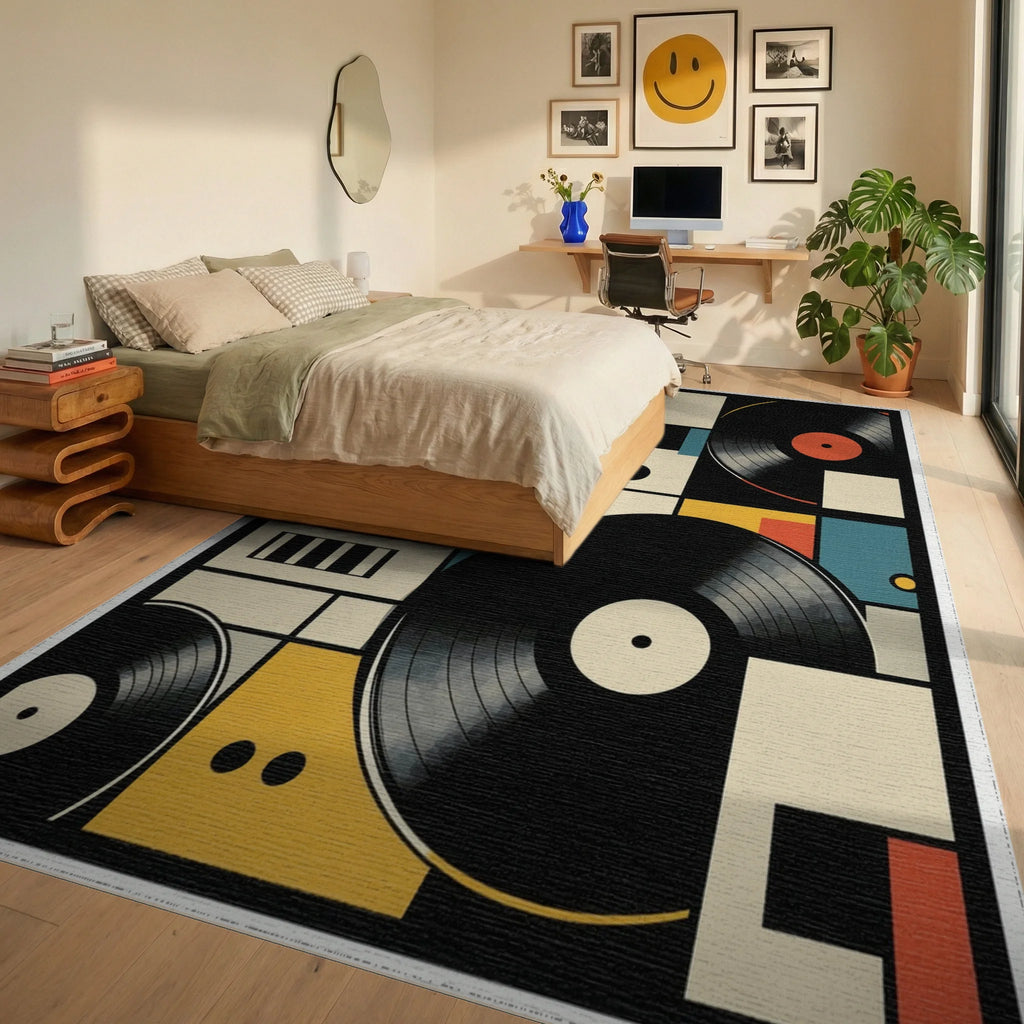 Retro Geometric Vinyl Records Rug Bedroom View
