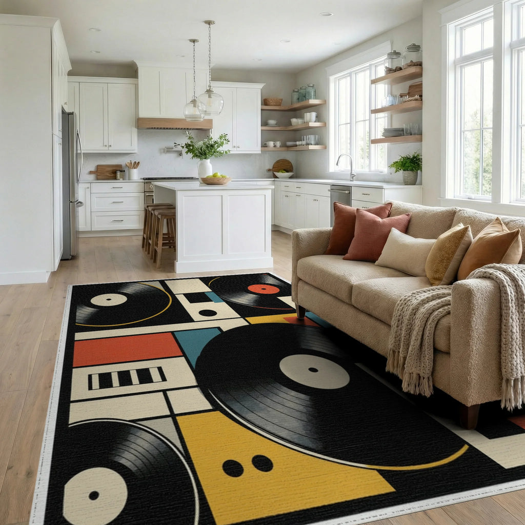Retro Geometric Vinyl Records Rug Living Room View