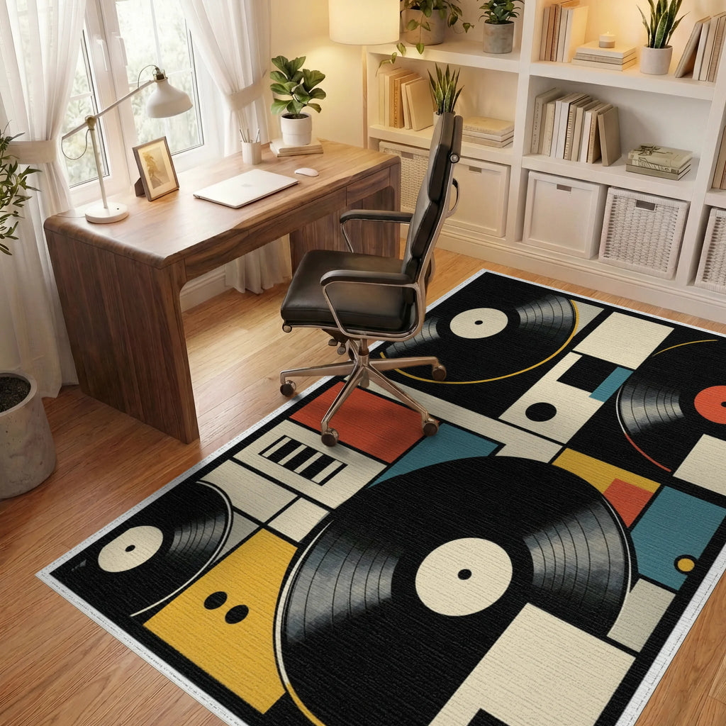 Retro Geometric Vinyl Records Rug Office View