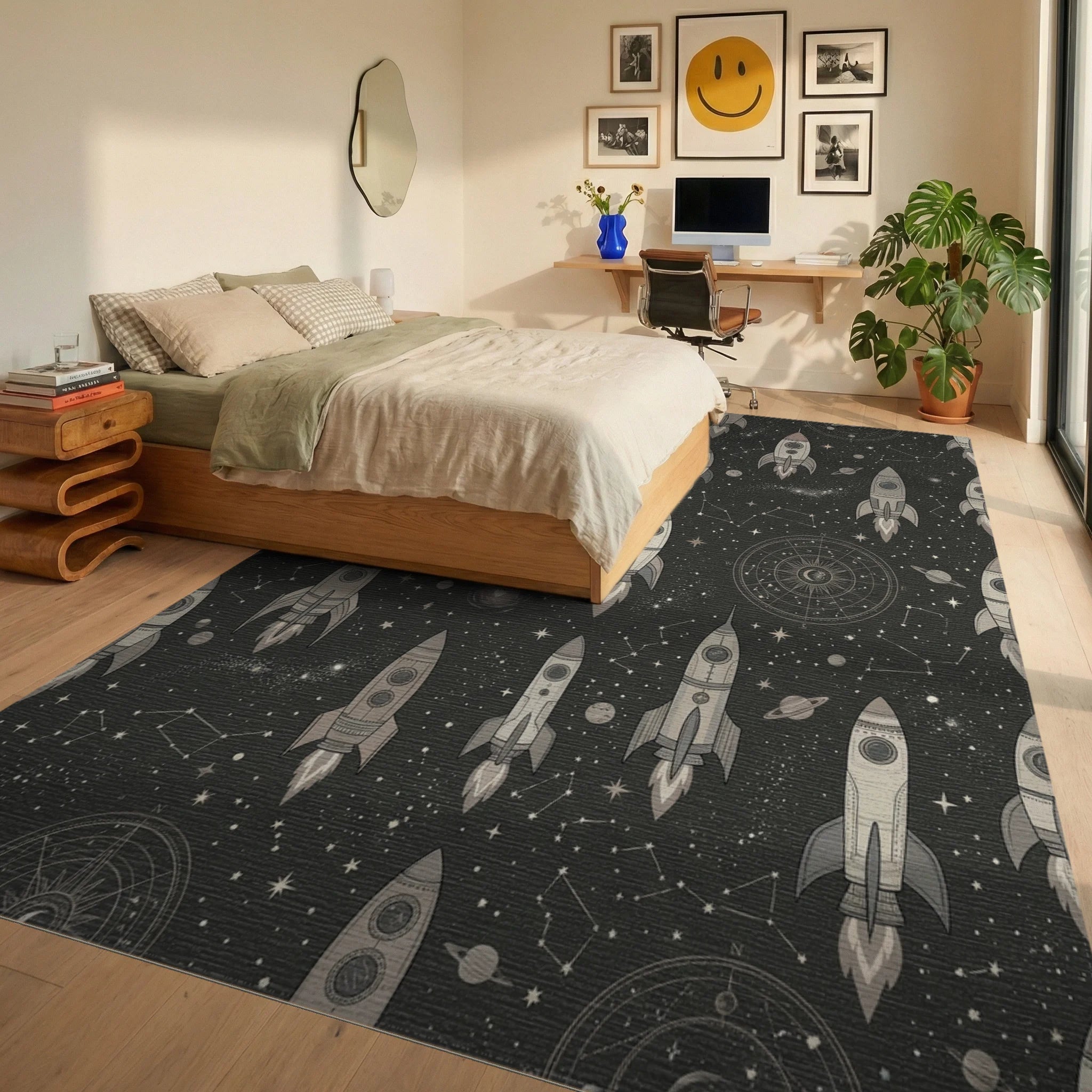 Retro Grey Spaceship Constellation Starfield Rug Bedroom View