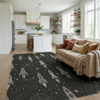 Retro Grey Spaceship Constellation Starfield Rug Living Room View