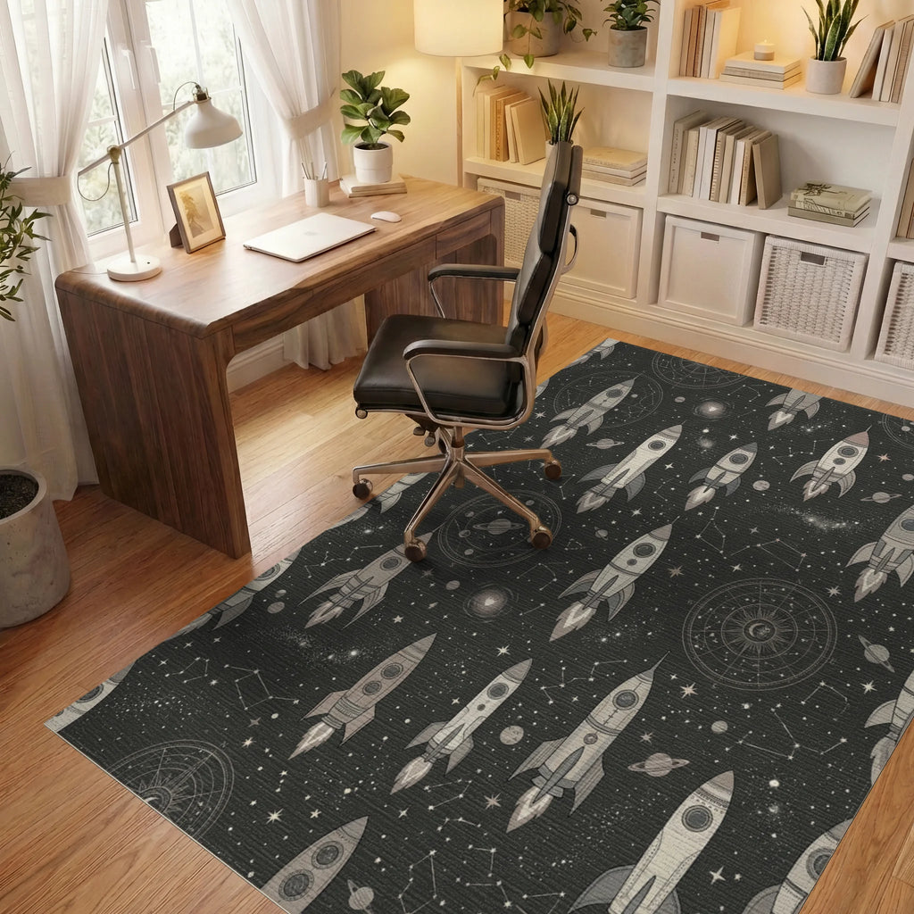 Retro Grey Spaceship Constellation Starfield Rug Office View