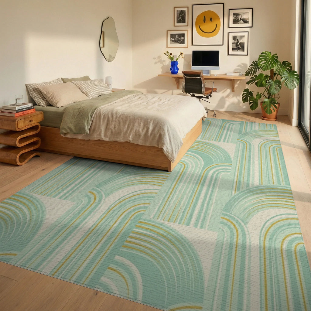 Retro Mint Gold Arc Segment Rug Bedroom View