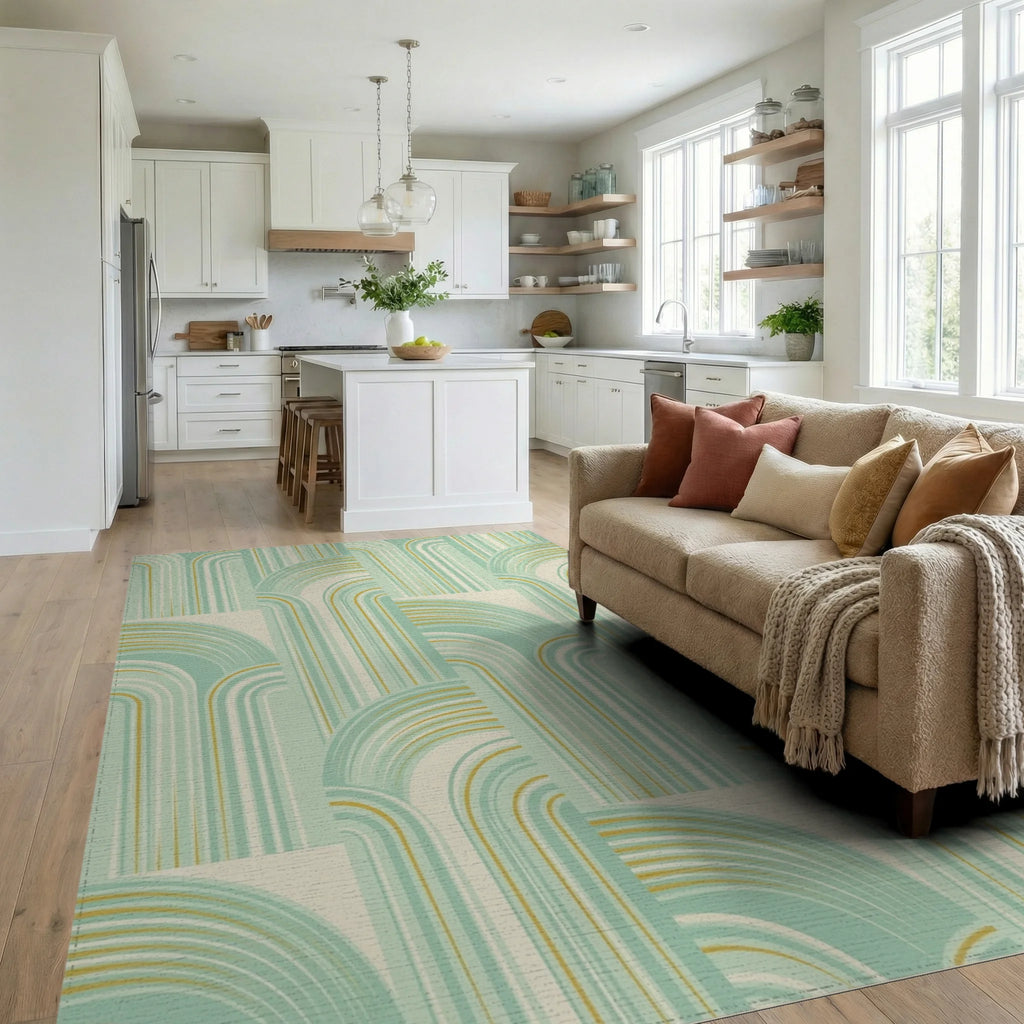 Retro Mint Gold Arc Segment Rug Living Room View