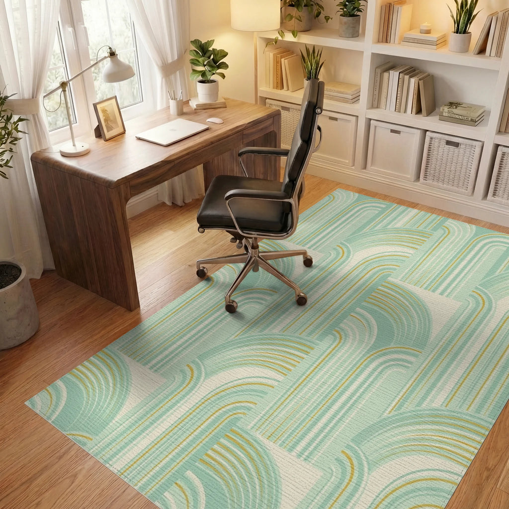 Retro Mint Gold Arc Segment Rug Office View