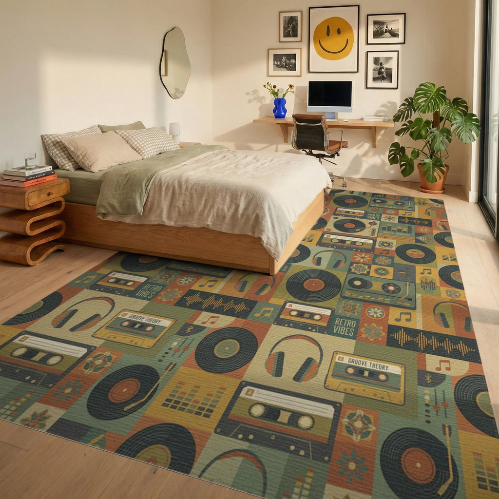 Retro Music Cassette Vinyl Headphone Collage Rug Bedroom View