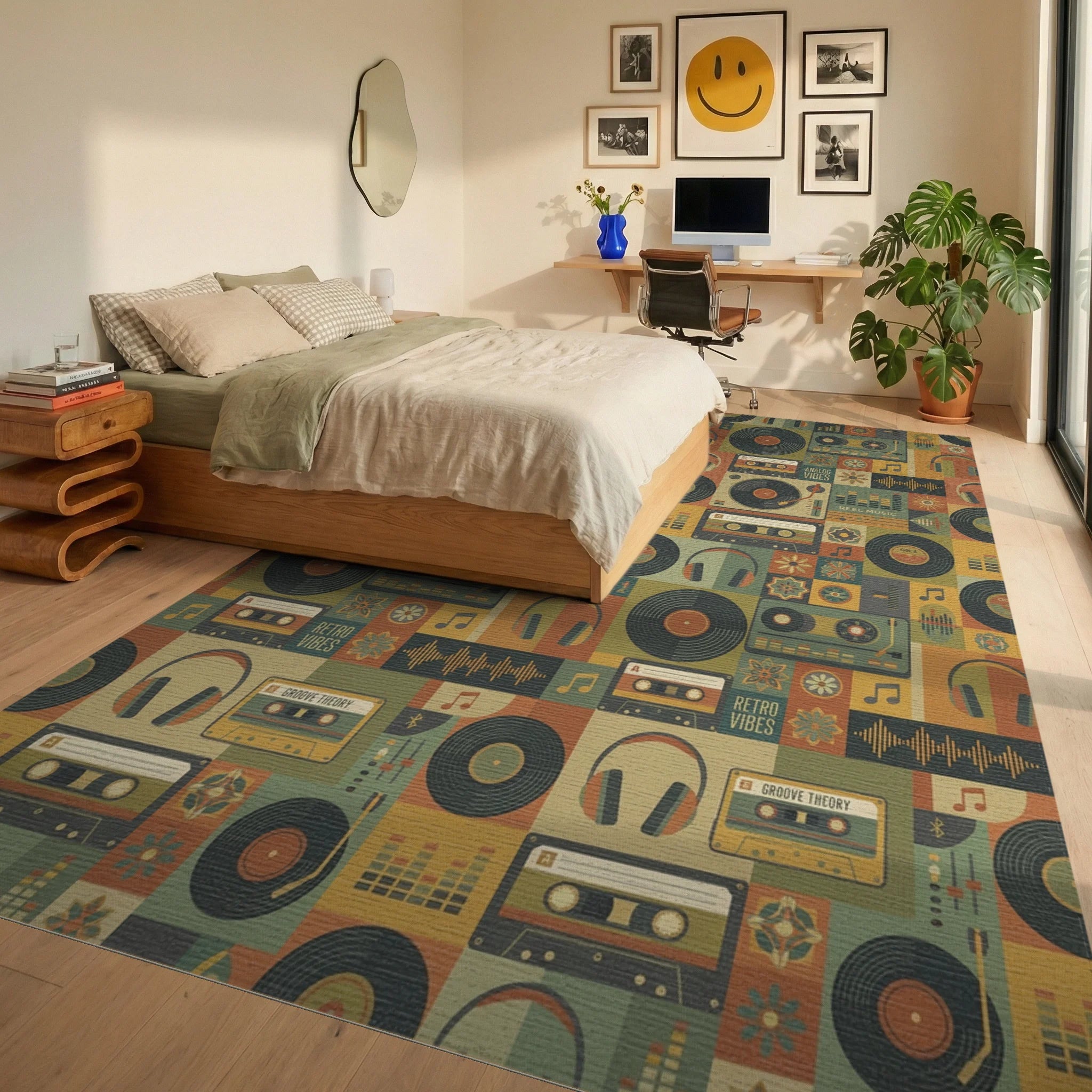 Retro Music Cassette Vinyl Headphone Collage Rug Bedroom View